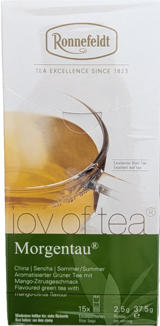 Die Verpackung von Ronnefeldt Joy of Tea "Morgentau". Der obere Teil ist weiß mit dem Ronnefeldt-Logo und einem Foto einer Teetasse. Die untere Hälfte ist dunkelgrün gestaltet. Auf weiß-grünem Grund steht der Schriftzug "joy of tea®" sowie "Morgentau®". D