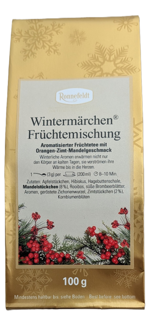 Goldene 100g-Verpackung des Ronnefeldt Früchtetees Wintermärchen Früchtemischung mit Orangen-Zimt-Mandelgeschmack.