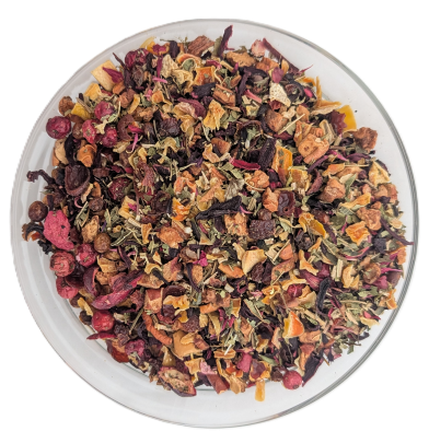 Kräuter- und Früchteteemischung Sanddorn und Preiselbeere mit orangen Sanddornbeeren, roten Preiselbeeren, Hibiskusblüten und feinen Kräutern.