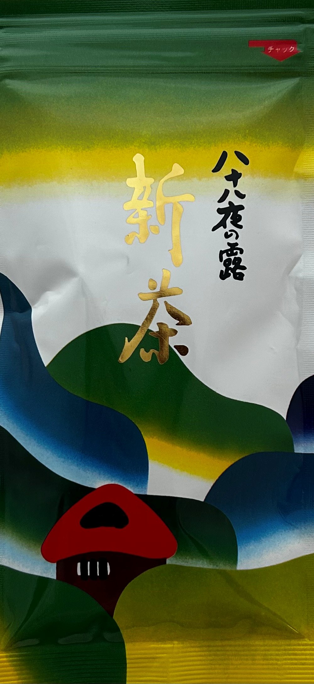Künstlerische und moderne Teeverpackung für den Shincha Flugtee 88yanotsuyu. Das Design besteht aus einer lebendigen Komposition aus abstrakten, organisch geschwungenen Farbflächen in leuchtendem Grün, Sonnengelb und Himmelblau. Im Vordergrund ist eine kl