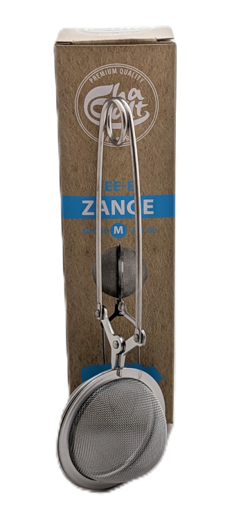 Cha Cult Tee-Zange aus Edelstahl in Größe M (Durchmesser 5 cm) vor Kartonverpackung
