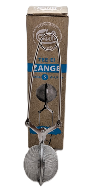 Cha Cult Tee-Zange aus Edelstahl in Größe S (Durchmesser 4,5 cm) vor Kartonverpackung
