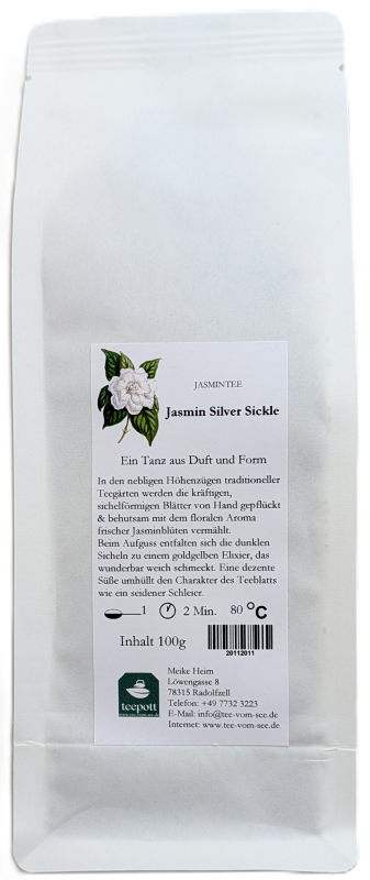 Weiße Tee-Verpackung von Jasmin Silver Sickle Tee mit Illustration einer weißen Jasminblüte.