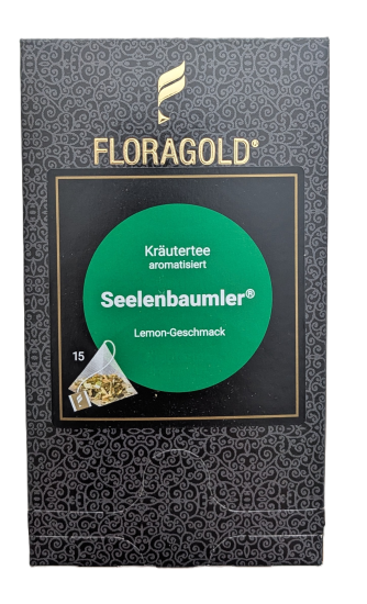 FLORAGOLD Seelenbaumler: Erfrischender Kräutertee mit feinem Lemon-Geschmack. Ideal für eine entspannte Auszeit. 15 Pyramidenbeutel. Jetzt online bestellen! Barrierefreier Alt-Text: Eine dunkelgraue Verpackung von FLORAGOLD Kräutertee "Seelenbaumler" mit