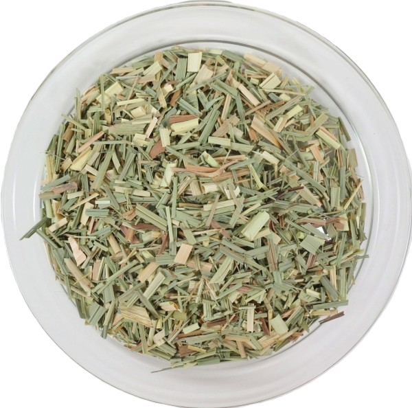 Draufsicht auf getrocknetes, geschnittenes Bio-Lemongras in einer klaren Glasschale. Zu sehen sind gleichmäßig zerkleinerte Halmstücke in hellgreen und strohgelben Nuancen.