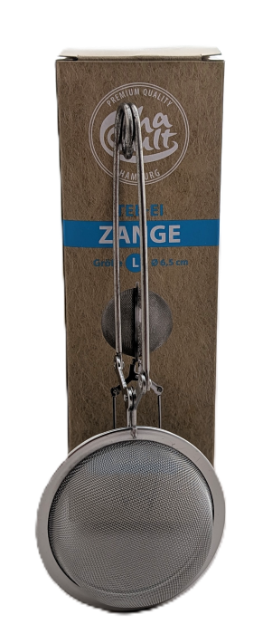 Cha Cult Tee-Zange aus Edelstahl in Größe L (Durchmesser 6,5 cm) vor Produktverpackung