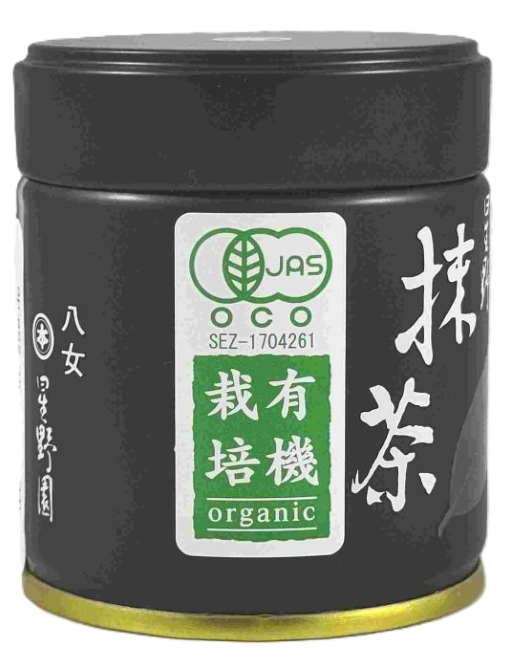Schwarze Matcha-Dose mit weißem und grünem Bio-Siegel-Etikett sowie weißer japanischer Schrift.