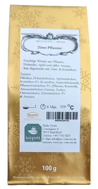 Goldene 100g-Tüte des Ronnefeldt Früchtetees Zimt-Pflaume vom Fachgeschäft teepott Radolfzell.