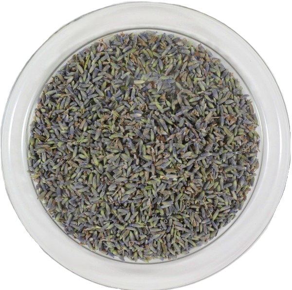 Getrocknete Lavendelblüten in einer runden Glasschale aus der Vogelperspektive. Die feinen Blütenknospen zeigen ein harmonisches Farbspiel aus sanftem Violett, Blau und Graugrün.