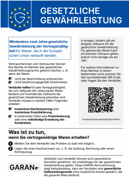 Infografik zur gesetzlichen Gewährleistung in der Europäischen Union. Der Titel lautet „Gesetzliche Gewährleistung“. Für Waren, die in der EU verkauft werden, gilt eine gesetzliche Gewährleistung der Vertragsmäßigkeit von mindestens zwei Jahren. In einige