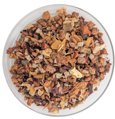 Früchteteemischung Feige Rosé mit getrockneten Feigenstücken, gehobelten Mandeln, kandierten Fruchtwürfeln und kleinen Rosenknospen.